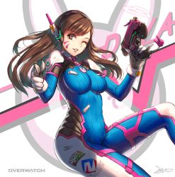 Rule 34 | 1girl, ;), blue bodysuit, bodysuit, breasts, brown eyes, brown hair, d.va (overwatch), facepaint, facial mark, gun, headphones, holding, holding gun, holding weapon, large breasts, long hair, looking at viewer, metto, one eye closed, overwatch, overwatch 1, parted lips, pilot suit, ribbed bodysuit, skin tight, smile, solo, swept bangs, weapon, whisker markings