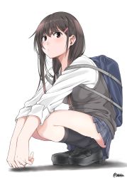 Rule 34 | &gt;:/, 1girl, :/, absurdres, amu (258shin), artist name, backpack, bag, black footwear, black socks, blush, breasts, brown eyes, brown hair, commentary request, furrowed brow, hair ornament, hair tie, hairclip, highres, kneehighs, loafers, long hair, looking at viewer, medium breasts, original, plaid, plaid skirt, pleated skirt, pout, school uniform, shirt, shoes, simple background, skirt, socks, solo, squatting, sweater vest, twitter username, v-shaped eyebrows, v arms, white background, white shirt