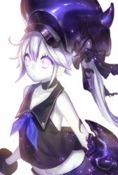 Rule 34 | 10s, 1girl, abyssal ship, bare shoulders, bright background, choker, colored skin, dark persona, destroyer princess, elbow gloves, from side, g-ong, gloves, glowing, glowing eyes, hair ribbon, hat, headgear, horns, kantai collection, long hair, midriff, navel, pale skin, purple eyes, ribbon, school uniform, serafuku, side ponytail, simple background, sleeveless, solo, white background, white hair, white skin