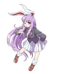 Rule 34 | 1girl, ;o, animal ears, black jacket, blazer, brown footwear, commentary, crescent, crescent pin, index finger raised, itani illust, jacket, long hair, long sleeves, looking at viewer, one eye closed, pleated skirt, purple hair, rabbit ears, rabbit girl, red eyes, reisen udongein inaba, simple background, skirt, socks, solo, touhou, very long hair, white background, white skirt, white socks