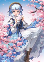 Rule 34 | 1girl, artist name, ayaka (genshin impact), back bow, blue bow, blue bowtie, blue dress, blue eyes, blue hair, blunt bangs, blunt tresses, bow, bowtie, braid, breasts, bug, butterfly, butterfly hair ornament, cherry blossoms, collar, commentary, cross-laced footwear, dress, english text, flower, genshin impact, hair flower, hair ornament, hand up, hat, hat ribbon, high collar, highres, holding, holding letter, insect, kamisato ayaka, kamisato ayaka (springbloom missive), letter, light blue hair, long sleeves, looking at viewer, mole, mole under eye, nyanya, official alternate costume, official alternate hairstyle, outdoors, pantyhose, parted lips, puffy long sleeves, puffy sleeves, ribbon, sitting, small breasts, smile, solo, white collar, white pantyhose, white ribbon