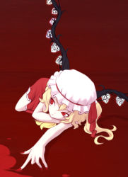 Rule 34 | 1girl, blonde hair, crystal, demon wings, dress, expressionless, female focus, flandre scarlet, foreshortening, full body, hat, looking to the side, lying, mamoru (arizona), mob cap, on stomach, outstretched arm, puffy short sleeves, puffy sleeves, red background, red dress, red eyes, short sleeves, simple background, solo, touhou, vampire, white hat, wings
