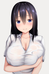 Rule 34 | 1girl, arm under breasts, bad id, bad pixiv id, black hair, blue eyes, blush, breast hold, breasts, cleavage, closed mouth, collared shirt, commentary request, dress shirt, grey background, hair between eyes, head tilt, huge breasts, long hair, looking at viewer, original, see-through, shirt, short sleeves, simple background, solo, tapisuke, upper body, wet, wet clothes, wet shirt, white shirt