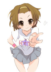 Rule 34 | 1girl, bent over, brown eyes, brown hair, clothes writing, foreshortening, hairband, hand on own hip, hip focus, k-on!, shirt, short hair, solo, sora to umi, t-shirt, tainaka ritsu, v