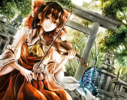 Rule 34 | 1girl, ascot, bad id, bad pixiv id, bow, bow (music), brown eyes, brown hair, bug, butterfly, detached sleeves, dress, forest, hair bow, hair tubes, hakurei reimu, highres, bug, instrument, jan (lightdragoon), looking at viewer, music, nature, playing instrument, red dress, ribbon-trimmed sleeves, ribbon trim, smile, solo, statue, torii, touhou, violin, wide sleeves