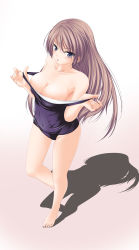 Rule 34 | 1girl, amicis, barefoot, black one-piece swimsuit, blue eyes, blush, brown hair, clothes pull, highres, long hair, looking up, one-piece swimsuit, one-piece swimsuit pull, original, pulling own clothes, school swimsuit, shadow, solo, swimsuit