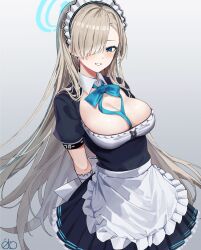 Rule 34 | 1girl, ahneato, alternate costume, apron, asuna (blue archive), black dress, blue archive, blue bow, blue eyes, bow, breasts, cleavage, commentary, detached collar, dress, frilled apron, frills, halo, highres, large breasts, light brown hair, long hair, looking at viewer, maid, maid apron, maid headdress, revision, solo, waist apron, white apron