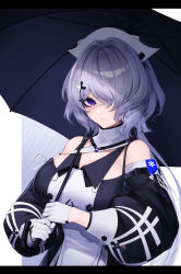 Rule 34 | 1girl, absurdres, arknights, black dress, breasts, cleavage, commentary, detached collar, detached sleeves, dress, expressionless, eyelashes, eyepatch, gloves, hair between eyes, hair ornament, hat, highres, holding, holding umbrella, large breasts, letterboxed, light purple hair, long hair, looking at viewer, mari0ball, medical eyepatch, nurse cap, one eye covered, parted lips, purple eyes, simple background, solo, two-tone dress, umbrella, upper body, whisperain (arknights), white background, white dress, white gloves, white hat, x hair ornament