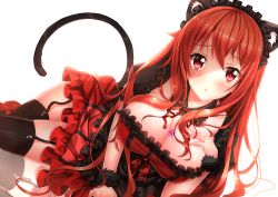 Rule 34 | 10s, 1girl, animal ears, blush, breasts, brown eyes, brown hair, cat ears, cat tail, choker, cleavage, demon horns, dress, fur trim, garter belt, heirou, horns, huge breasts, long hair, looking at viewer, lowres, maou (maoyuu), maoyuu maou yuusha, open mouth, shiny skin, simple background, solo, tail, thighhighs