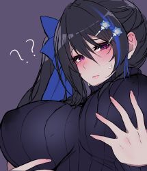 Rule 34 | 1girl, ?, ??, black hair, blush, breasts, commentary request, girls&#039; frontline, hair between eyes, hair ornament, highres, jericho (girls&#039; frontline), jingo, large breasts, long hair, mole, mole under mouth, purple background, purple eyes, side ponytail, simple background, solo, sweater, turtleneck, turtleneck sweater