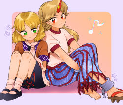 Rule 34 | 2girls, black footwear, blonde hair, blue background, blue skirt, blush stickers, brown shirt, chain, cuffs, eighth note, geta, green eyes, hands on own knees, highres, horns, hoshiguma yuugi, hugging own legs, knees up, leaning on person, looking at another, looking at viewer, mizuhashi parsee, multiple girls, musical note, pink background, pink legwear, pointy ears, puffy short sleeves, puffy sleeves, red eyes, shackles, shadow, shirt, shoes, short hair, short sleeves, sibata maru, sideways glance, simple background, single horn, single shoe, sitting, skirt, smile, socks, star (symbol), striped clothes, striped skirt, touhou, two-tone background, white shirt