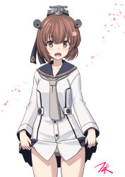 Rule 34 | 1girl, anchor symbol, black sailor collar, brown eyes, brown hair, cherry blossoms, commentary request, dress, dress shirt, flower, gluteal fold, grey neckerchief, hair flower, hair ornament, hair ribbon, headgear, headset, highres, kantai collection, looking at viewer, neckerchief, open mouth, panties, ribbon, sailor collar, sailor dress, shirt, short hair, solo, speaking tube headset, t2r, underwear, white panties, yukikaze (kancolle)