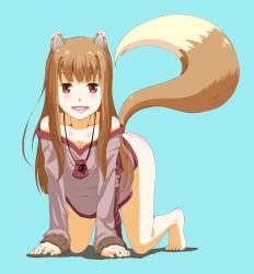 Rule 34 | 1girl, all fours, animal ears, bad id, bad pixiv id, bare shoulders, barefoot, blue background, blush, bottomless, breasts, brown eyes, brown hair, cleavage, fang, full body, highres, holo, long hair, looking at viewer, medium breasts, open mouth, pouch, simple background, solo, spice and wolf, tail, toes, tora (k0000472973), wolf ears, wolf tail