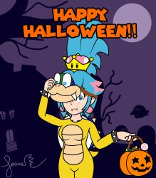 Rule 34 | 1girl, absurdres, alternate costume, blue eyes, blue hair, boo (mario), bracelet, breasts, candy, cosplay, crest, crown, fake tail, food, formal, genderswap, genderswap (mtf), halloween, halloween costume, happy halloween, highres, humanization, jewelry, larry koopa, light blue hair, luigi&#039;s mansion, mario (series), mask, mask over one eye, moon, new super mario bros. u deluxe, nintendo, pink earrings, pumpkin, sharp teeth, signature, spiked bracelet, spiked shell, spikes, suit, super crown, tail, teeth