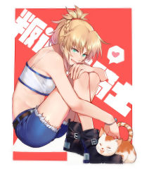 Rule 34 | 1girl, :d, absurdres, animal, ankle boots, bandeau, bare arms, bare shoulders, black footwear, blonde hair, blush, boots, bracelet, braid, cat, cutoffs, denim, denim shorts, fang, fate/apocrypha, fate (series), french braid, from side, full body, green eyes, hand on own knee, heart, highres, jewelry, knees up, long hair, mordred (fate), mordred (fate/apocrypha), mordred (memories at trifas) (fate), no socks, open mouth, petting, ponytail, red background, short shorts, shorts, sitting, sleeveless, smile, solo, speech bubble, spoken heart, whiskers, yorukun