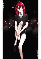 Rule 34 | 1other, absurdres, ahoge, androgynous, black background, character name, cinnabar (houseki no kuni), colored eyelashes, copyright name, gem uniform (houseki no kuni), hair between eyes, highres, houseki no kuni, long bangs, looking at viewer, mercury (element), nail polish, necktie, red eyes, red hair, short hair, sitting, solo, sparkle