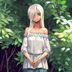 Rule 34 | 1girl, bare shoulders, blouse, brown eyes, closed mouth, cowboy shot, hair over one eye, long hair, looking at viewer, off shoulder, oopartz yang, original, outdoors, own hands together, shirt, solo, tree, white hair, white shirt