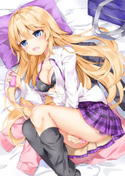 Rule 34 | 1girl, :o, ass, bag, bare shoulders, bed sheet, black bra, black jacket, black thighhighs, blazer, blonde hair, blue eyes, blush, bra, breasts, cardigan, cleavage, collarbone, collared shirt, commentary request, dress shirt, fate/grand order, fate (series), female masturbation, front-tie bra, front-tie top, hair between eyes, hand up, highres, holding, jacket, jeanne d&#039;arc (capsule servant) (fate), jeanne d&#039;arc (fate), jeanne d&#039;arc (ruler) (fate), long hair, long sleeves, looking at viewer, loose thighhigh, lying, masturbation, medium breasts, miniskirt, neck ribbon, off shoulder, on side, open mouth, pillow, pink cardigan, plaid, plaid skirt, pleated skirt, purple neckwear, purple skirt, school bag, school uniform, sex toy, shirt, sidelocks, skirt, solo, sugisaki yuu, thighhighs, thighs, underwear, undone neck ribbon, unworn cardigan, unworn jacket, vibrator, white shirt