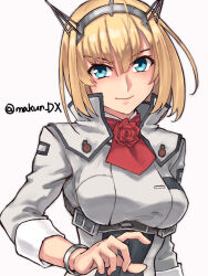 Rule 34 | 1girl, blonde hair, blue eyes, breasts, closed mouth, commentary request, flower, grey jacket, headgear, highres, jacket, kantai collection, long sleeves, looking at viewer, maakun (makun dx), medium breasts, necktie, one-hour drawing challenge, red flower, red necktie, red rose, rodney (kancolle), rose, short hair, simple background, smile, solo, twitter username, upper body, white background