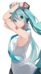 Rule 34 | 1girl, aqua eyes, aqua nails, aqua necktie, armpits, arms up, bare shoulders, breasts, earrings, fingernails, from side, grey shirt, hatsune miku, highres, hiroki (yyqw7151), jewelry, long fingernails, long hair, looking at viewer, looking to the side, nail polish, necktie, number tattoo, parted lips, shirt, shoulder tattoo, sideboob, simple background, sleeveless, sleeveless shirt, small breasts, solo, tattoo, twintails, very long hair, vocaloid, white background