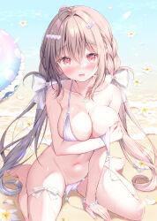 Rule 34 | 1girl, absurdres, barefoot, beach, blush, bracelet, breasts, brown hair, cleavage, collarbone, commentary request, covering breasts, covering privates, feet, flower, hair between eyes, hair ornament, hair ribbon, hairclip, highres, innertube, jewelry, kneeling, large breasts, long hair, looking at viewer, navel, necklace, ocean, open mouth, original, outdoors, red eyes, ribbon, shell, shell necklace, sidelocks, sitting, solo, swim ring, toes, twintails, very long hair, wariza, watagashi yui, white background, white flower