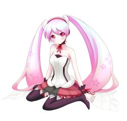 Rule 34 | 1girl, 7th dragon (series), 7th dragon 2020, bare shoulders, black footwear, blush, boots, full body, hatsune miku, iray, long hair, pink eyes, pink hair, sakura miku, simple background, sitting, skirt, solo, thighhighs, twintails, very long hair, vocaloid, wariza, white background