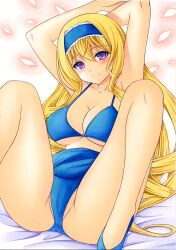 Rule 34 | 1girl, armpits, arms behind head, bed, bikini, blonde hair, blue bikini, blush, breasts, cecilia alcott, cleavage, covered erect nipples, drill hair, feet, hairband, heels, highres, infinite stratos, large breasts, legs, long hair, looking at viewer, navel, purple eyes, sarong, seductive smile, smile, solo, swimsuit, thigh gap, thighs, traditional media, very long hair