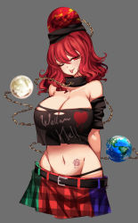 Rule 34 | 1girl, breasts, chain, choker, cleavage, clothes writing, cowboy shot, earth (ornament), gold chain, grey background, heart, hecatia lapislazuli, highres, large breasts, long hair, looking at viewer, midriff, moon (ornament), multicolored clothes, multicolored skirt, navel, one eye closed, ornament, panties, planet, raptor7, red eyes, red hair, see-through, simple background, skirt, solo, standing, stomach, tattoo, tongue, tongue out, torn clothes, touhou, underwear