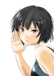 Rule 34 | 1girl, amagami, black hair, black one-piece swimsuit, blue one-piece swimsuit, brown eyes, close-up, commentary, competition swimsuit, from side, hair between eyes, hand on own face, hand up, light blush, looking at viewer, looking to the side, murasaki iro, nanasaki ai, one-piece swimsuit, open mouth, portrait, short hair, simple background, solo, swimsuit, whispering, white background