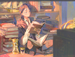 Rule 34 | 1girl, armillary sphere, black footwear, black necktie, black robe, black socks, blurry, blurry foreground, book, book stack, closed mouth, collared shirt, commentary, crossed legs, cup, ellie niunai zhuyi zhe, expressionless, highres, holding, holding book, indoors, long hair, long sleeves, model ship, necktie, original, pitcher (container), purple eyes, purple hair, reading, robe, shirt, sitting, socks, solo, white shirt