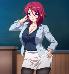 Rule 34 | 1girl, breasts, chalkboard, classroom, cleavage, closed mouth, collarbone, curvy, female focus, highres, huge breasts, indoors, lips, looking at viewer, mesu kyoushi 4, mole, mole under mouth, purple eyes, red hair, short hair, teacher, yoshioka maki