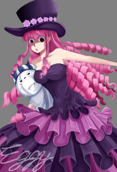 Rule 34 | 1girl, absurdres, black dress, black eyes, breasts, cleavage, dress, drill hair, eyes visible through hair, grey background, highres, large breasts, long hair, looking at viewer, one piece, perona, pink hair, scrambled heggs, shiny skin, skirt, stuffed animal, stuffed toy, very long hair