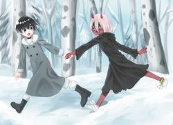Rule 34 | 10s, 1boy, 1girl, bad id, bad twitter id, bandages, black cloak, black hair, blue eyes, blush, boots, cloak, coat, colored sclera, colored skin, commentary request, couple, darling in the franxx, fringe trim, fur boots, fur trim, green eyes, grey coat, hanabusayuzuki, holding hands, hiro (darling in the franxx), hood, hooded cloak, horns, long hair, looking back, oni horns, parka, pink hair, red horns, red pupils, red sclera, red skin, short hair, snow, spoilers, winter clothes, winter coat, aged down, zero two (darling in the franxx)