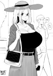 Rule 34 | 1boy, 1girl, artist name, bag, belt, breasts, cardigan, cellphone, cleavage, closed mouth, cowboy shot, glasses, greyscale, hand in pocket, handbag, hat, highres, holding, holding phone, huge breasts, inne sulistya robin, jewelry, long hair, long skirt, looking at another, looking at viewer, looking to the side, monochrome, necklace, norman maggot, open cardigan, open clothes, original, outdoors, phone, short hair, sidelocks, skirt, smartphone, sun hat, sweatdrop, thought bubble, walking, white background