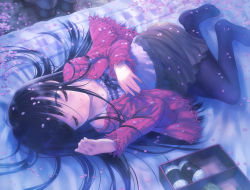 Rule 34 | 1girl, absurdres, bento, black hair, black pantyhose, blanket, camisole, cardigan, cherry blossoms, closed eyes, feet, food, goto p, hanami, highres, huge filesize, lace, long hair, long sleeves, lying, night, no shoes, original, outdoors, pantyhose, petals, shoes, unworn shoes, skirt, sleeping, smile, solo