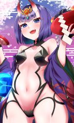 Rule 34 | 1girl, alcohol, bare shoulders, blush, bob cut, breasts, cherry blossoms, collarbone, cup, egasumi, eyeliner, fangs, fate/grand order, fate (series), floral background, food, fruit, fruit bowl, gradient background, grapes, headpiece, highres, horns, japanese clothes, kimono, long sleeves, looking at viewer, makeup, navel, oni, open clothes, open kimono, open mouth, peach, purple background, purple eyes, purple hair, purple kimono, revealing clothes, sakazuki, sake, sakuramochi (sakura frappe), short eyebrows, short hair, shuten douji (fate), skin-covered horns, small breasts, smile, solo, thighs