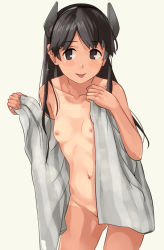 Rule 34 | 1girl, bad id, bad pixiv id, black eyes, black hair, breasts, collarbone, cowboy shot, hair ornament, i-400 (kancolle), kantai collection, long hair, looking at viewer, makio (makiomeigenbot), naked towel, navel, nipples, one-piece tan, simple background, small breasts, solo, tan, tanline, tongue, tongue out, towel, white background