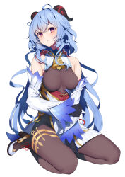 Rule 34 | 1girl, ahoge, arm support, bare shoulders, bell, black gloves, blue hair, blush, breasts, brown pantyhose, detached sleeves, full body, ganyu (genshin impact), genshin impact, gloves, gold trim, high heels, highres, horns, long hair, looking at viewer, m-&gt;g, medium breasts, neck bell, open mouth, pantyhose, purple eyes, sidelocks, sitting, solo, thighlet, thighs, wariza, white background, white sleeves