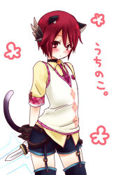 Rule 34 | 1boy, androgynous, animal ears, bad id, bad pixiv id, bell, belt, blush, cat boy, cat ears, cat tail, child, collar, elsword, elsword (character), garter belt, garter straps, head wings, kemonomimi mode, knife, looking at viewer, male focus, neck bell, necktie, red eyes, red hair, short sleeves, shorts, simple background, solo, spikes, tail, thighhighs, vest, weapon, white background, wings, wristband, yutano (hunihoni2), zettai ryouiki