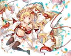 Rule 34 | 10s, 1girl, :o, backlighting, bandeau, black thighhighs, blonde hair, blush, breasts, detached sleeves, feathers, full body, granblue fantasy, hair ornament, hair ribbon, halterneck, hand up, loincloth, long hair, looking at viewer, mahira (granblue fantasy), md5 mismatch, midriff, navel, parted lips, red eyes, red ribbon, resolution mismatch, ribbon, small breasts, solo, suihi, tareme, thighhighs, v, white background, wide sleeves