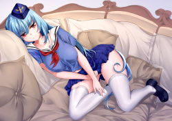 Rule 34 | 1girl, absurdres, blue hair, blue shirt, blue skirt, breast press, breasts, couch, eyebrows, garrison cap, hand on leg, hand on own thigh, hand on thigh, hat, highres, indoors, large breasts, long hair, looking at viewer, lying, on side, onceskylark, out of character, pillow, quincy (warship girls r), red eyes, school uniform, shirt, shoes, skirt, smile, solo, thighhighs, warship girls r, white thighhighs