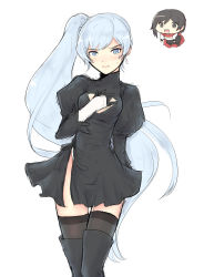 Rule 34 | 1girl, black dress, black footwear, black gloves, black thighhighs, blue eyes, boots, breasts, cat with a brush, cleavage cutout, clothing cutout, cosplay, covering privates, covering breasts, covering one breast, dress, floating hair, gloves, highres, long hair, looking at viewer, nier:automata, nier (series), ruby rose, rwby, short dress, side ponytail, side slit, silver hair, sketch, small breasts, solo, standing, sweatdrop, thigh boots, thighhighs, thighhighs under boots, very long hair, weiss schnee, white background, 2b (nier:automata) (cosplay), zettai ryouiki