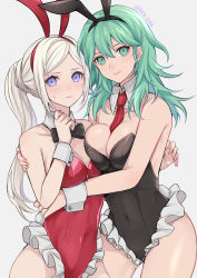 Rule 34 | 2girls, absurdres, animal ears, asymmetrical docking, banned artist, bare arms, bare shoulders, black bow, black bowtie, black hairband, black leotard, blue eyes, blue hair, blush, bow, bowtie, breast press, breasts, byleth (female) (fire emblem), byleth (fire emblem), cleavage, commentary request, covered navel, cowboy shot, detached collar, edelgard von hresvelg, fake animal ears, fire emblem, fire emblem: three houses, frilled leotard, frills, grey background, hair between eyes, hairband, highres, large breasts, leotard, long hair, looking at viewer, medium breasts, multiple girls, nintendo, playboy bunny, purple eyes, rabbit ears, red hairband, red leotard, shimizu akina, silver hair, simple background, standing, strapless, strapless leotard, thighs, yuri