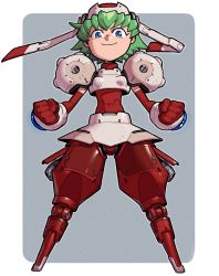 Rule 34 | 1girl, android, blue eyes, cameron sewell, clenched hands, full body, gloves, green hair, hat, highres, looking at viewer, marina liteyears, red gloves, short hair, smile, solo, standing, yuke yuke!! trouble makers
