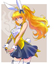Rule 34 | 1girl, ahoge, animal ears, blonde hair, bow, rabbit ears, rabbit tail, commentary, hair bow, iesupa, prosthesis, prosthetic arm, purple eyes, rwby, sleeve cuffs, smile, solo, tail, thighhighs, yang xiao long