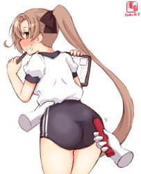 Rule 34 | 1girl, 1other, akigumo (kancolle), alternate costume, artist logo, ass, baton, black buruma, brown hair, buruma, commentary request, cowboy shot, dated, disembodied hand, drawing tablet, from behind, green eyes, grin, gym uniform, hair ribbon, highres, kanon (kurogane knights), kantai collection, leaning forward, long hair, looking back, poking, ponytail, revision, ribbon, shirt, sideways glance, simple background, smile, stylus, t-shirt, white background, white shirt