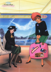 Rule 34 | 1980s (style), absurdres, aircraft, airplane, blue eyes, blue hair, chair, character name, copyright name, day, dirty pair, flower, green skirt, hat, hat flower, headband, highres, holding luggage, indoors, kei (dirty pair), long hair, long sleeves, luggage, official art, oldschool, open mouth, pantyhose, red eyes, red hair, retro artstyle, scan, short hair, sitting, skirt, standing, v arms, window, yuri (dirty pair)