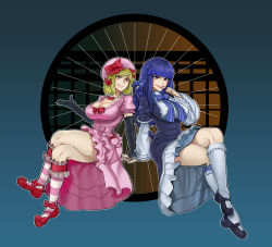Rule 34 | 2girls, alternate breast size, blonde hair, blue hair, bow, breasts, cleavage, elbow gloves, covered erect nipples, frederica bernkastel, gloves, grin, hat, highres, lambdadelta, large breasts, legs, crossed legs, long hair, looking at viewer, multiple girls, aged up, purple eyes, red eyes, short hair, sitting, smile, the golden smurf, thighs, umineko no naku koro ni, witch