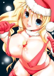 Rule 34 | 1girl, :p, absurdres, aqua eyes, between breasts, bikini, bikini pull, blonde hair, blue eyes, blush, breasts, christmas, clothes pull, covered erect nipples, cream, female focus, food, fruit, gloves, hat, highres, huge breasts, kaizuka, long hair, looking at viewer, original, ponytail, pulling own clothes, red bikini, red gloves, red thighhighs, santa hat, shiny skin, smile, solo, strawberry, swimsuit, thighhighs, tongue, tongue out