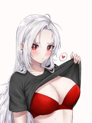 Rule 34 | 1girl, black shirt, bra, breasts, closed mouth, clothes lift, earrings, highres, jewelry, long hair, medium breasts, nezilaz, original, red bra, red eyes, shirt, shirt lift, solo, t-shirt, underwear, white background, white hair